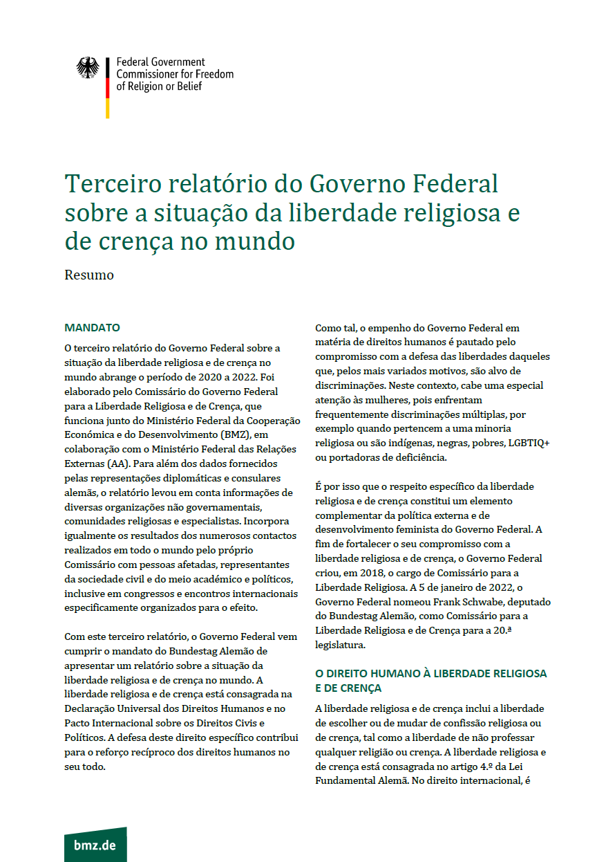 Cover Resumo: Terceiro relatório do Governo Federal sobre a situação da liberdade religiosa e de crença no mundo